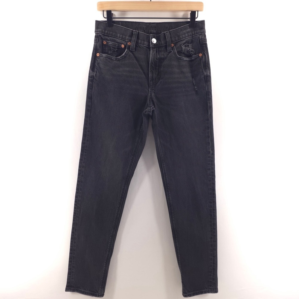 American Eagle Women Jeans 90s Skinny Size 4‎ Black High Rise Distressed Stretch